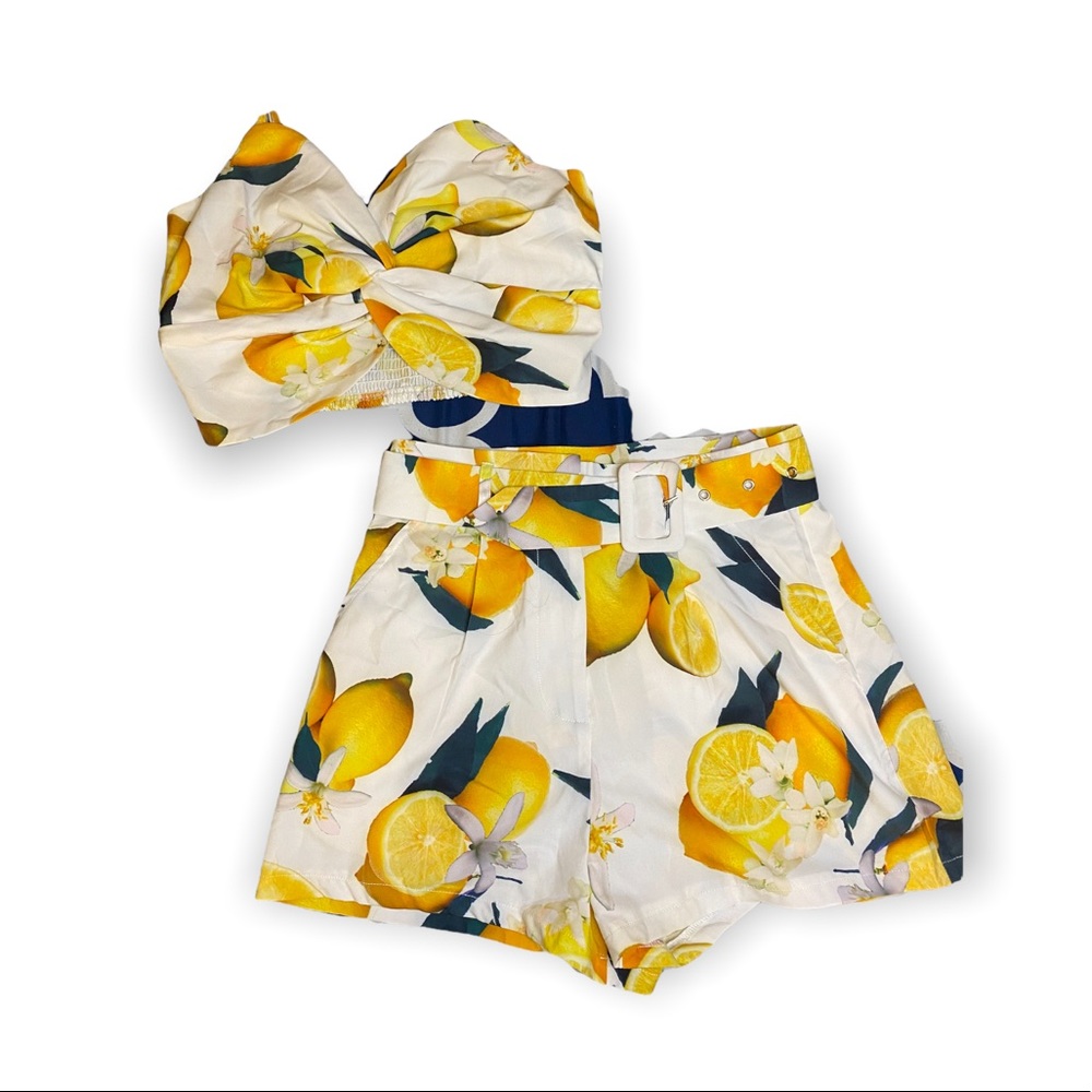 Lemon Print Twisted Crop Tank and HighWaisted Buckle Shorts Set